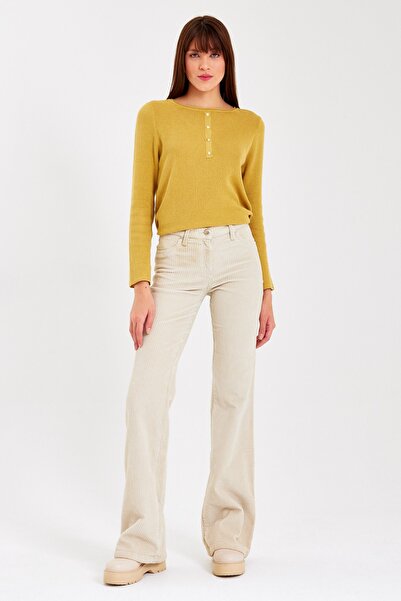 soBasic Pantaloni de catifea groși cu picior evazat ecru