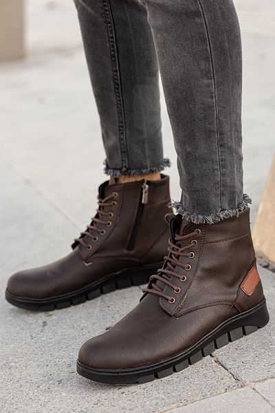 BOUIS Men's Daily Brown Faux Leather Lace Up Zippered High Top Boots Thick Sole Winter Shoes