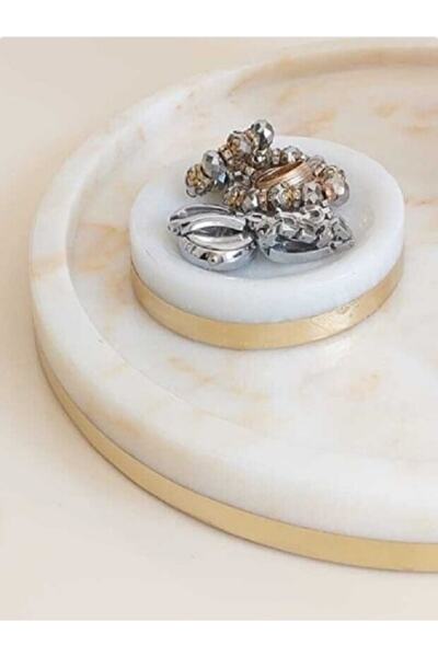 Sümeyra Marble Art Golden - Natural White Marble Presentation Tray | Jewelry Plate | Gold | 28cm |