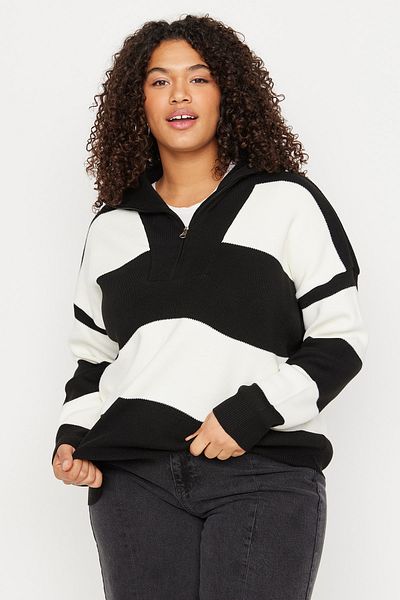 Trendyol Curve Black Striped Zippered Off Shoulder Knitwear Sweater