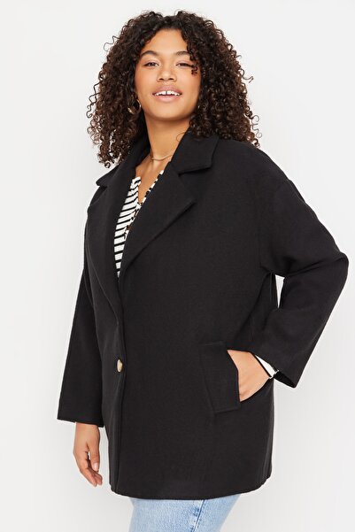Trendyol Curve Plus Size Coat - Black - Double-breasted