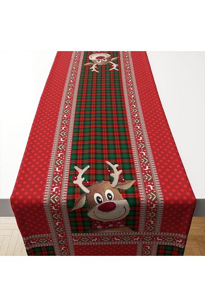 Tataroğlu Dijital Kumaş New Year's Red and Green Plaid with Reindeer Pattern and Polka Dot Edges Runner