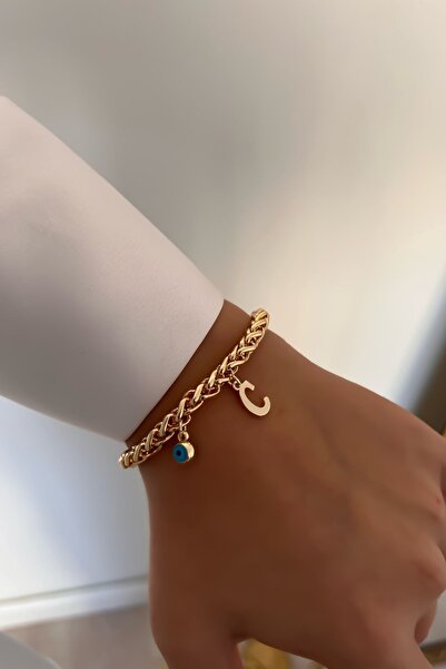 Trendy Butik Kişiye Özel Kalın Zincir Model C Harfli Ve Nazarlı Bileklik