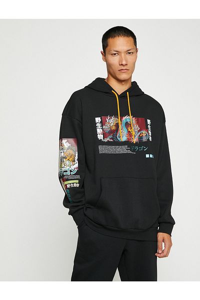 Koton Oversize Hooded Sweatshirt Far East Printed Long Sleeve with Pocket Detail