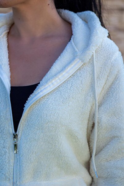 Azıcık Akıllı Γυναικείο λευκό βελούδινο μπουφάν με φερμουάρ με κουκούλα τσέπες Welsoft 22KCKTERES