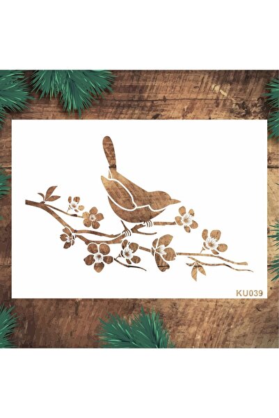 STENCİLTASARIM Stencil Tasarım Ku039 Erik Dalında Kuş- Dekoratif Duvar, Eşya,...