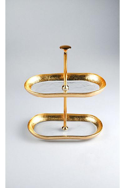 HERITAGE Gold Leaf Band Detailed Presentation Serving Plate 2 Layer Glass with Shelf