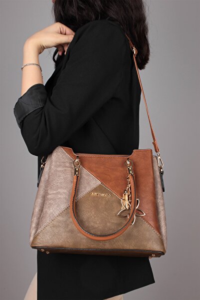 By Hakan Jn-037 Women's Handbag Multi-compartment Hand and Shoulder Strap Bag Mink Tan