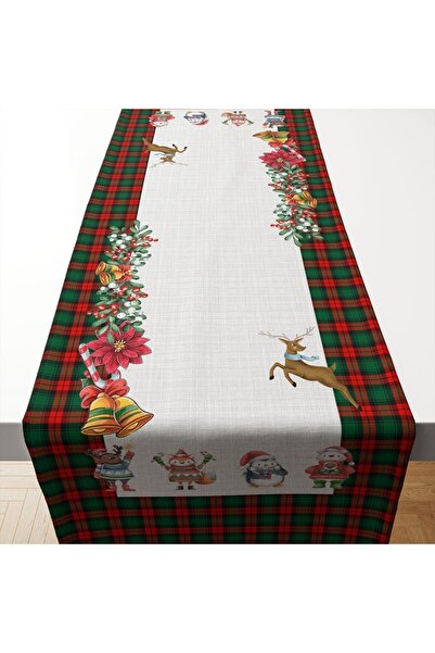 Tataroğlu Dijital Kumaş Keten Efektli Kenarları Ekose Desenli Yılbaşı Motifli Runner