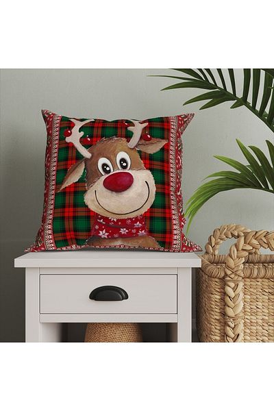 Tataroğlu Dijital Kumaş New Year's Throw Pillow - Smiling Reindeer on Plaid Background with Deer Pattern on the Edges