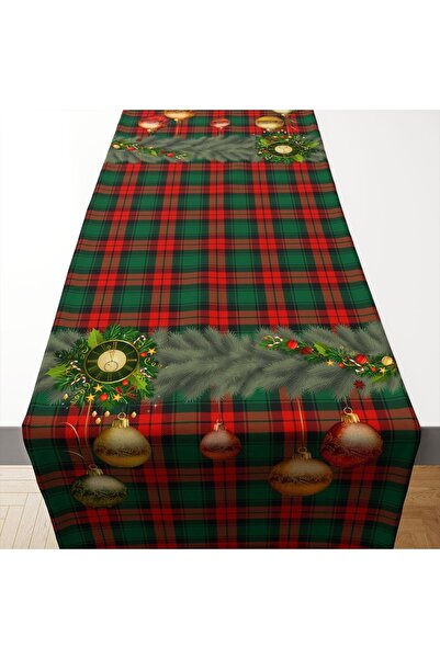 Tataroğlu Dijital Kumaş Kırmızı Yeşil Ekose Zemin Üzerine Yılbaşı Süsleri Desenli Runner