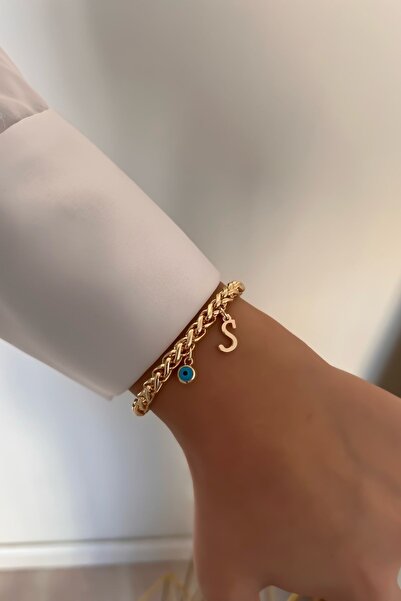 Trendy Butik Kişiye Özel Kalın Zincir Model S Harfli Ve Nazarlı Bileklik
