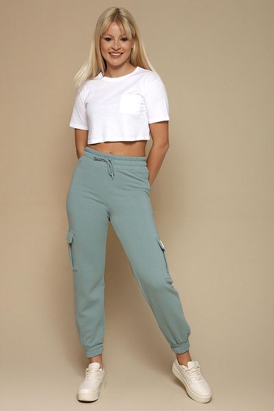 Select Moda Pantaloni de trening albastru pentru femei, cu buzunare cargo, cu picioare elastice
