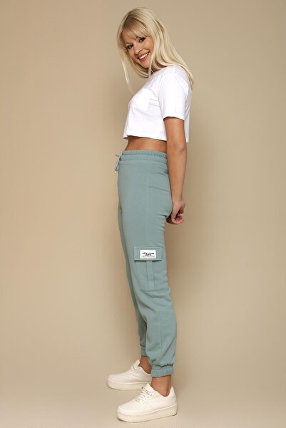 Select Moda Pantaloni de trening albastru pentru femei, cu buzunare cargo, cu picioare elastice