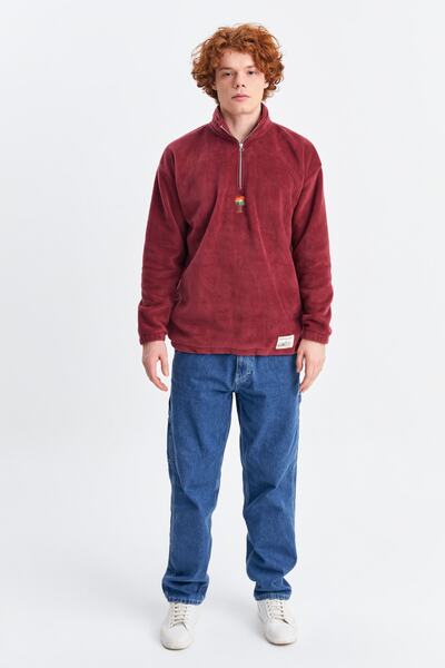 Northlight Unisex Vişne Çürüğü Keep On The Road Nakışlı Dik Yaka Yarım Fermuarlı Oversize Polar