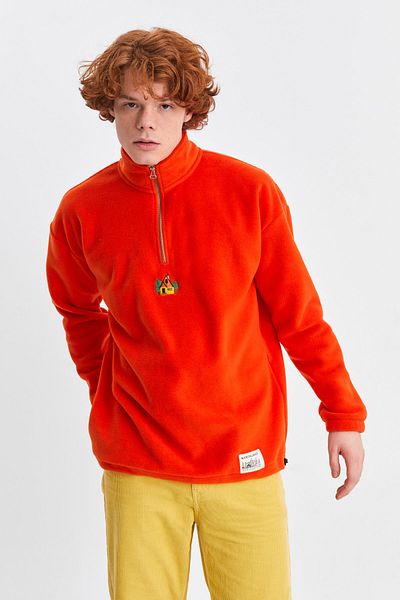 Northlight Unisex Orange Billet Home Embroidered Stand Collar Half Zipper Oversize Fleece