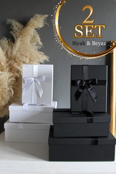 CHANZA HOME Siyah Beyaz 2'li Set Kaliteli Kurdeleli Hediye Kutusu Damat Gelin...