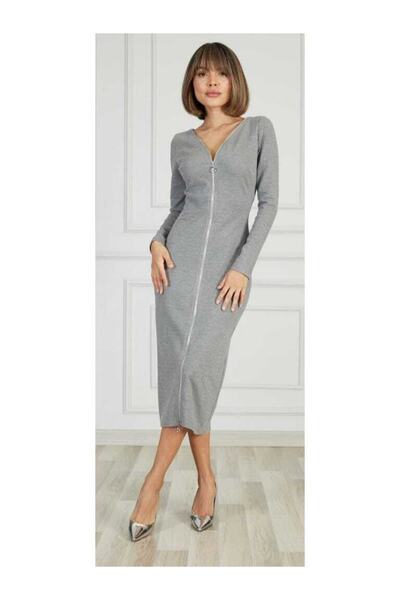 ModaMania Midi Dress with Zipper Detail on the Front and Back