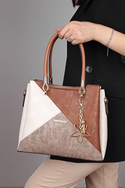 By Hakan Jn-037 Geantă de mână pentru femei, cu mai multe compartimente, cu curea de mână și de umăr, maro crem