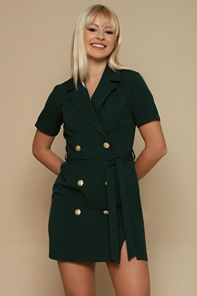 Select Moda Γυναικείο φόρεμα με πράσινο κουμπί με λεπτομέρεια με ζώνη