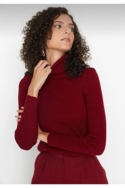 Marque Γυναικείο πλεκτό πουλόβερ με ζιβάγκο μπορντό
