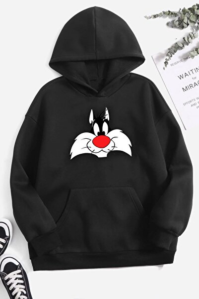 Trend Sizde سويت شيرت بغطاء رأس وطبعة أمامية باللون الأسود للجنسين