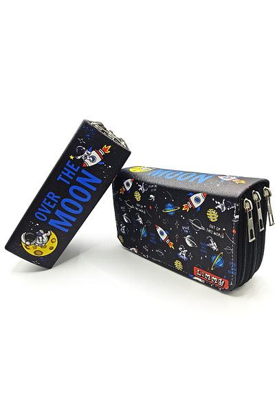 Limmy Μολυβοθήκη Astronaut Space Galaxy Kawai Organizer Μολυβοθήκη Vegan Δερμάτινη θήκη για στυλό τριών διαμερισμάτων -μαύρο