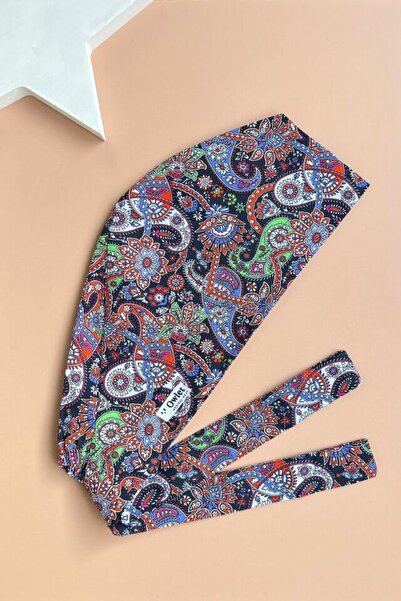 Owlet Medikal Renkli Şal Desenli Lacivert Cerrahi Tesettür Bone