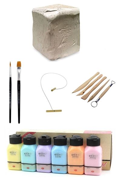 okulima Ceramic Dough 6 Kg Clay Cutting Wire 5 Pieces Artifact Artdeco Acrylic Paint 6x75 Ml Pastel Colors