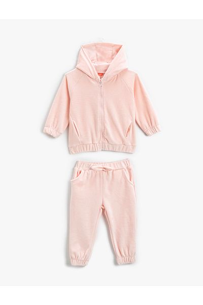 Koton Samt-Trainingsanzug-Set, Kapuzen-Sweatshirt mit Reißverschluss und Jogginghose