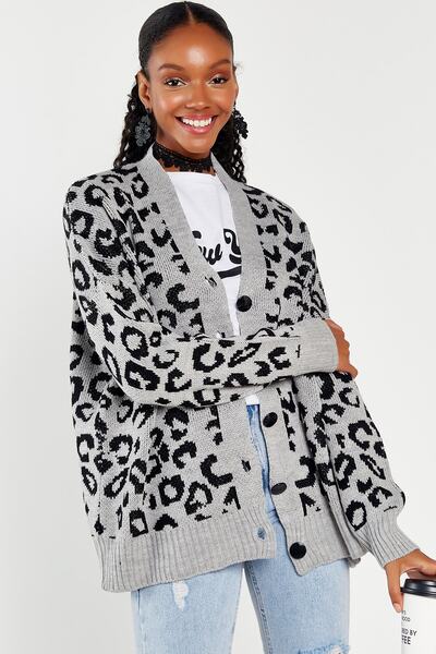 Hopoi Cardigan gri cu model leopard pentru femei 10012