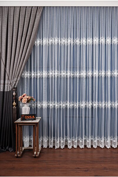 ISSA TEKSTIL Issa Tül Perde Brode Güneş Desen ( Sık Pile )(1X3)en X Boy