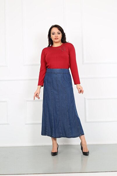 YASEŞA BUTİK Anne Kadın Büyük Beden Rahat Kalıp Parçalı Astarsız Pamuklu Kot Etek