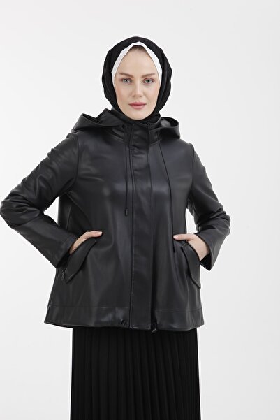 Armine Trend Gizli Fermuarlı Cep Detaylı Kapüşonlu Deri Ceket 22kt502