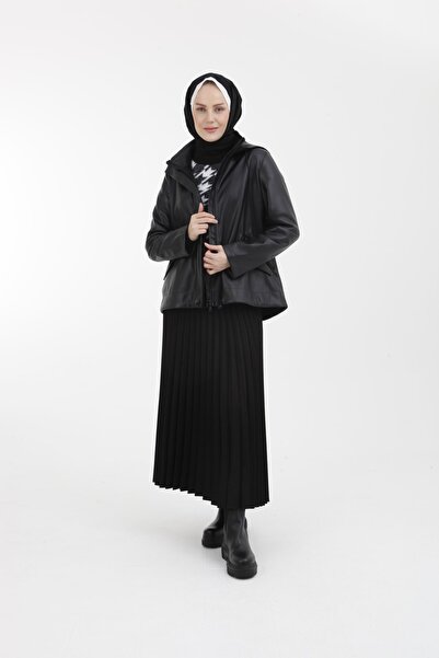 Armine Trend Gizli Fermuarlı Cep Detaylı Kapüşonlu Deri Ceket 22kt502