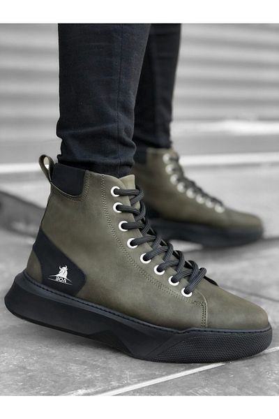 BOUIS Ανδρικές casual χακί μαύρες μπότες από συνθετικό δέρμα κλασικές μπότες με άνετο κορδόνι, κομψές άνετες χειμερινές μπότες