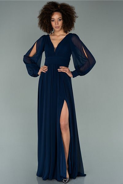 Abiyefon Navy Blue Long Sleeve Leg Low-cut Chiffon Evening Dress Abu1702