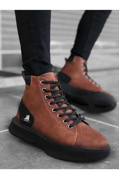 BOUIS Cizme pentru bărbați, cafeniu, negru, din piele artificială, cu talpă înaltă groasă. Cizme de iarnă confortabile, elegante, cu șireturi