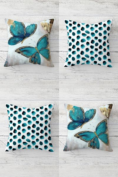 on the clouds Butterfly Patterned and Polka Dot Spotted Concealed Zippered Throw Pillow Cover Sofa Pillow Cover Set (4pcs)