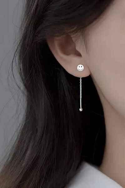 Jaida Moda Unisex Silver Smiling Face Figured Chain Dangle Steel Earrings