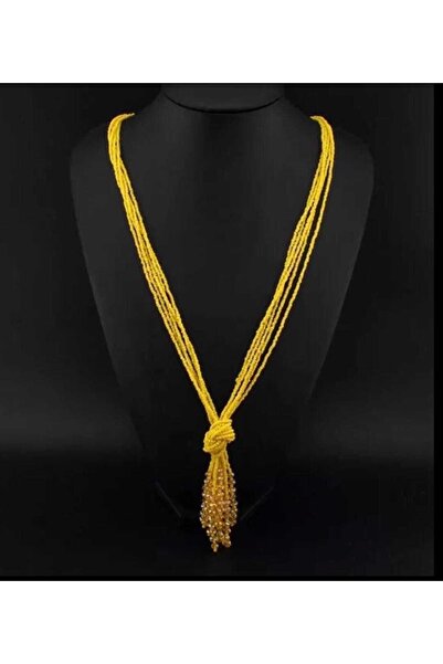 İPAR AKSESUAR Sarı Kristal Uçlu Kum Boncuk Düğüm Kolye