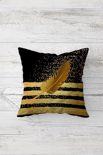 on the clouds Gold Striped and Feather Patterned Concealed Zippered Throw Pillow Cover Sofa Pillow Cover Set (4pcs)