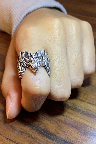 axexuar Eagle Wing Eagle Head Model Adjustable Silver Color Men Women Ring Wedding Ring