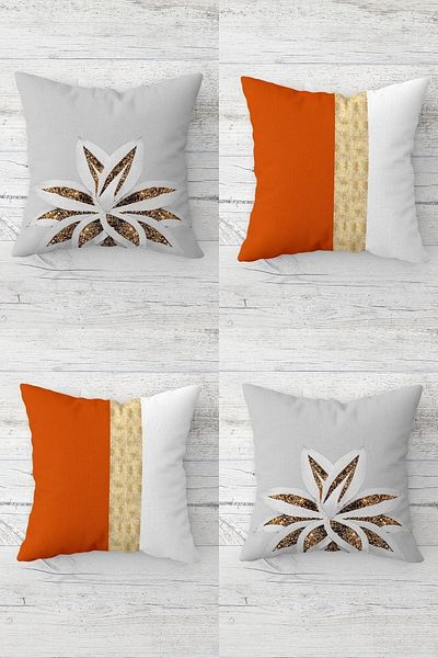 on the clouds Hidden Zippered Throw Pillow Cover Set with Lotus Flower and Gold Stripe Detail - 4 Pieces