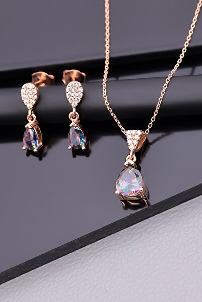 Miavi Silver 925 Ayar Gümüş Mistik Topaz Taşlı Damla Kolye Küpe Set
