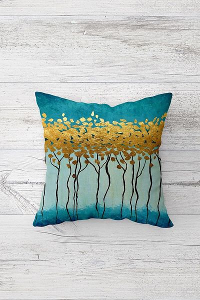 on the clouds Gold Leafy Tree Watercolor Effect Hidden Zippered Throw Pillow Cover Sofa Pillow Cover Set (4pcs)