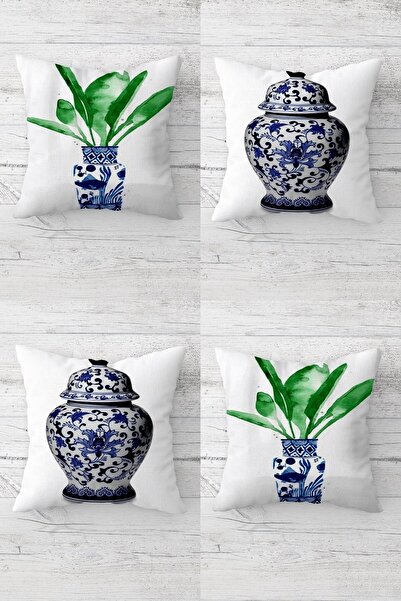 Pelangi 4 Pieces Throw Pillow Cover Set with Green Leaf Pattern and Hidden Zi...
