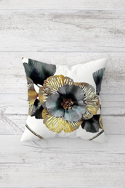 Pelangi Gold Flower Patterned Hidden Zippered Throw Pillow Cover Sofa Pillow Cover Set (4pcs)