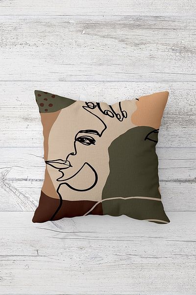 Pelangi Patterned Line Art Face - Hidden Zippered Throw Pillow Seat and Pillow Set (4Pcs)