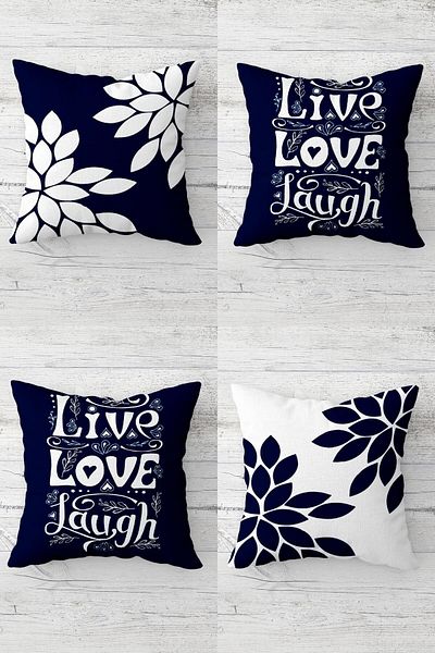 linazaitun Live Love Laugf Floral Patterned Concealed Zippered Throw Pillow Cover Sofa Pillow Cover Set (4pcs)
